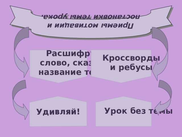 Приемы мотивации и постановки темы урока. Удивляй!  Кроссворды и ребусы Расшифруй слово, сказку, название темы. Урок без темы 