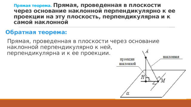 Прямая теорема. Прямая, проведенная в плоскости через основание наклонной перпендикулярно к ее проекции на эту плоскость, перпендикулярна и к самой наклонной Обратная теорема: Прямая, проведенная в плоскости через основание наклонной перпендикулярно к ней, перпендикулярна и к ее проекции. 