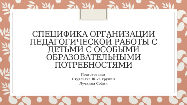 Специфика организации педагогической работы с детьми с особыми образовательными потребностями Подготовила: Студентка Ш-21 группы Лучкина София 