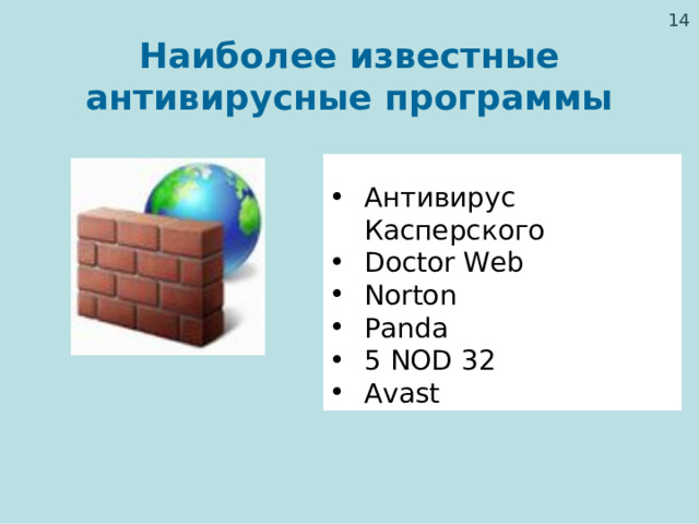  Наиболее известные антивирусные программы Антивирус Касперского Doctor Web Norton Panda 5 NOD 32 Avast 