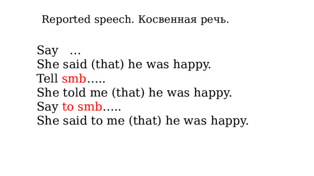 Reported speech. Косвенная речь. Say … She said (that) he was happy. Tell smb ….. She told me (that) he was happy. Say to smb ….. She said to me (that) he was happy. 