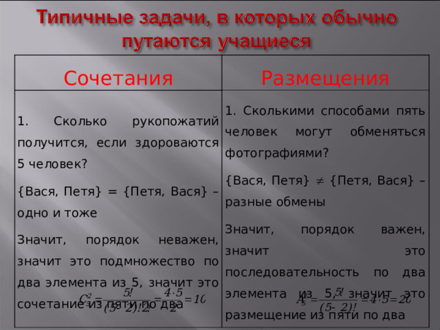 Сочетания Размещения 1. Сколько рукопожатий получится, если здороваются 5 человек? {Вася, Петя} = {Петя, Вася} – одно и тоже Значит, порядок неважен, значит это подмножество по два элемента из 5, значит это сочетание из пяти по два 1. Сколькими способами пять человек могут обменяться фотографиями? {Вася, Петя}  {Петя, Вася} – разные обмены Значит, порядок важен, значит это последовательность по два элемента из 5, значит это размещение из пяти по два 