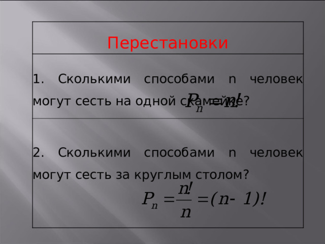 Перестановки 1. Сколькими способами n человек могут сесть на одной скамейке? 2. Сколькими способами n человек могут сесть за круглым столом? 