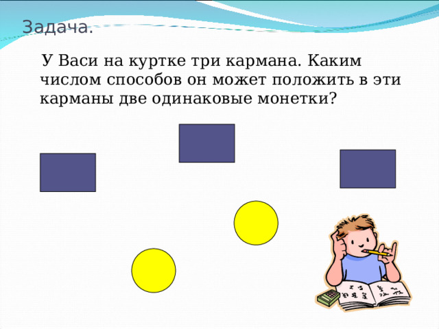 Задача.  У Васи на куртке три кармана. Каким числом способов он может положить в эти карманы две одинаковые монетки? 