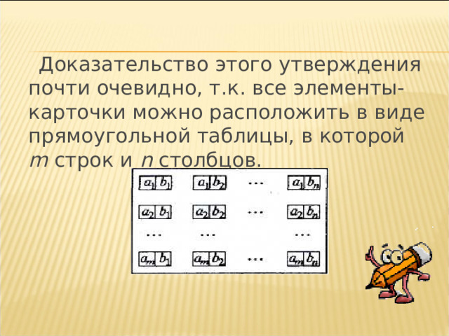  Доказательство этого утверждения почти очевидно, т.к. все элементы-карточки можно расположить в виде прямоугольной таблицы, в которой  m  строк и n  столбцов. 