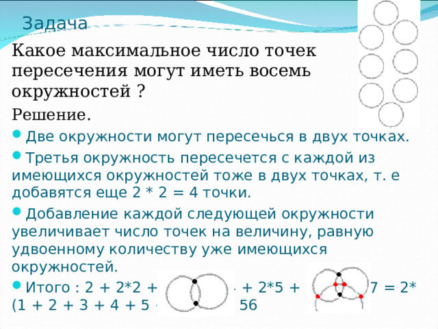 Задача Какое максимальное число точек пересечения могут иметь восемь окружностей ? Решение. Две окружности могут пересечься в двух точках. Третья окружность пересечется с каждой из имеющихся окружностей тоже в двух точках, т. е добавятся еще 2 * 2 = 4 точки. Добавление каждой следующей окружности увеличивает число точек на величину, равную удвоенному количеству уже имеющихся окружностей. Итого : 2 + 2*2 + 2*3 + 2*4 + 2*5 + 2*6 + 2*7 = 2* (1 + 2 + 3 + 4 + 5 +6 + 7 ) = 56 