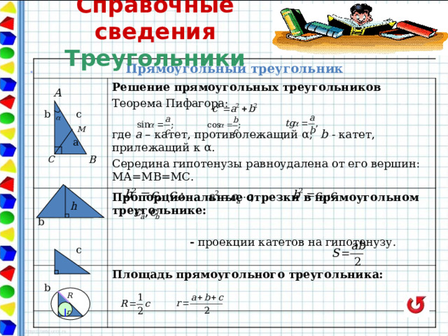 Справочные сведения  Треугольники Прямоугольный треугольник   b c  a Решение прямоугольных треугольников Теорема Пифагора: где а – катет, противолежащий α ; b - катет, прилежащий к α . Середина гипотенузы равноудалена от его вершин: МА=МВ=МС.  a b  c Пропорциональные отрезки в прямоугольном треугольнике:   -  проекции катетов на гипотенузу.    b  а Площадь прямоугольного треугольника:  α  
