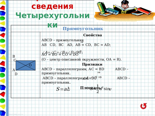 Справочные сведения  Четырехугольники Прямоугольник В        С  О A D  Свойства ABCD – прямоугольник AB ‌‌ ‌ CD, BC ‌‌ ‌ AD, AB = CD, BC = AD ; AO = BO = CO = DO (О – центр описанной окружности, ОА = R).   Признаки ABCD – параллелограмм, АС = BD  ABCD – прямоугольник.  ABCD – параллелограмм, ABCD – прямоугольник .  Площадь  