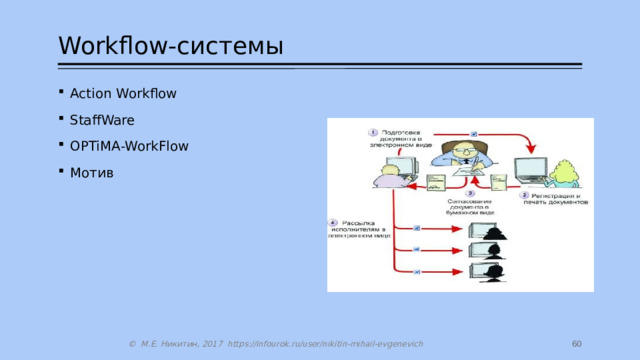 Workflow-системы Action Workflow StaffWare OPTiMA-WorkFlow Мотив 33 © М.Е. Никитин, 2017 https://infourok.ru/user/nikitin-mihail-evgenevich 