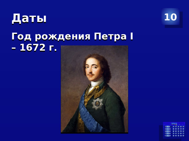 Даты 10 Год рождения Петра I – 1672 г . 