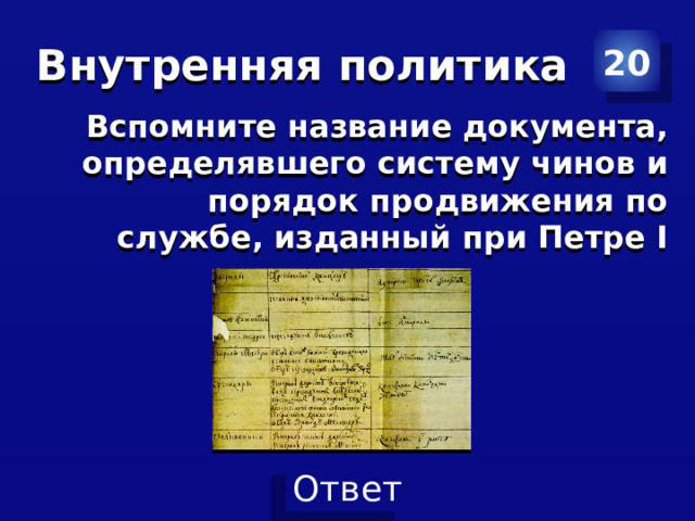   Внутренняя политика 20 Вспомните название документа, определявшего систему чинов и порядок продвижения по службе, изданный при Петре I     