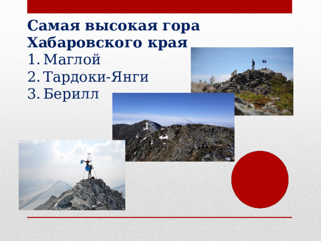 Самая высокая гора Хабаровского края 1.  Маглой 2.  Тардоки-Янги 3.  Берилл 
