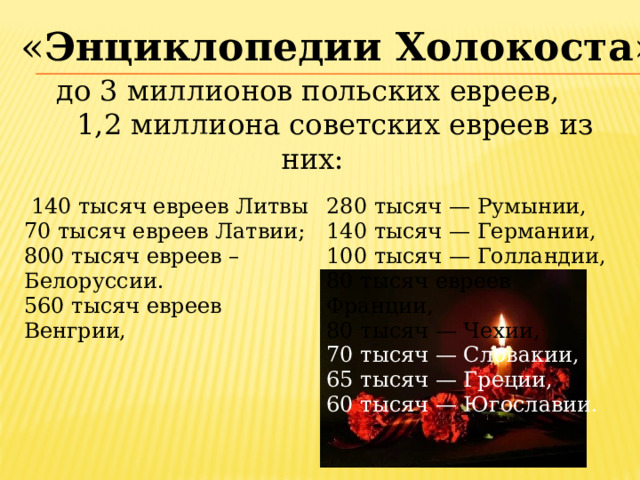 « Энциклопедии Холокоста » до 3 миллионов польских евреев,  1,2 миллиона советских евреев из них:  140 тысяч евреев Литвы  70 тысяч евреев Латвии;  800 тысяч евреев – Белоруссии.  560 тысяч евреев Венгрии, 280 тысяч — Румынии,  140 тысяч — Германии,  100 тысяч — Голландии,  80 тысяч евреев Франции,  80 тысяч — Чехии,  70 тысяч — Словакии,  65 тысяч — Греции,  60 тысяч — Югославии. 