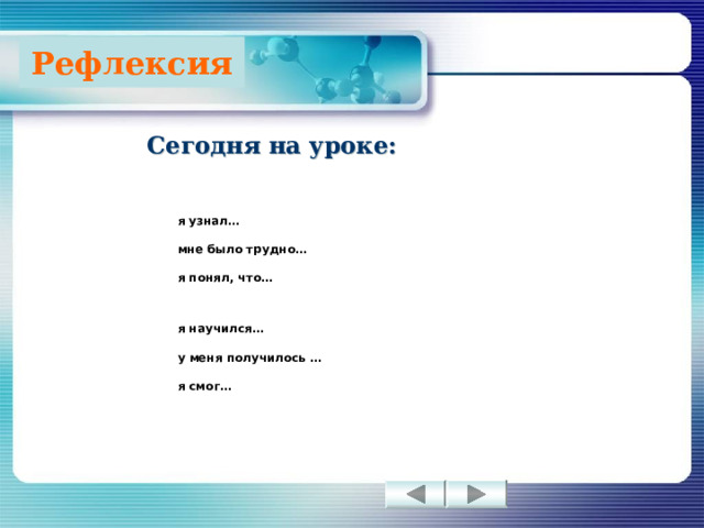 Рефлексия Сегодня на уроке:  я узнал…  мне было трудно…  я понял, что…  я научился…  у меня получилось …  я смог…  