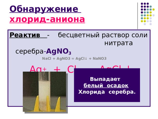 Обнаружение  хлорид-аниона Реактив  - бесцветный раствор соли    нитрата серебра - AgNO 3    NaCl + AgNO 3 = AgCl ↓ + NaNO 3    Ag + + Cl - = AgCl ↓ Выпадает белый осадок  Хлорида серебра. 