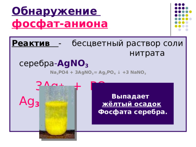 Обнаружение  фосфат-аниона Реактив  - бесцветный раствор соли    нитрата серебра - AgNO 3 Na 3 PO 4 + 3 AgNO 3 = Ag 3 PO 4 ↓ +3 NaNO 3    3 Ag + + РО 4 3 - = Ag 3 РО 4 ↓ Выпадает жёлтый осадок  Фосфата серебра. 