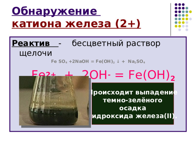 Обнаружение  катиона железа (2+) Реактив  - бесцветный раствор щелочи Fe SO 4 +2NaOH = Fe(OH) 2 ↓ + Na 2 SO 4   Fe 2+ + 2ОН - = Fe (ОН) 2 ↓  Происходит выпадение темно-зелёного осадка гидроксида железа( II) . 