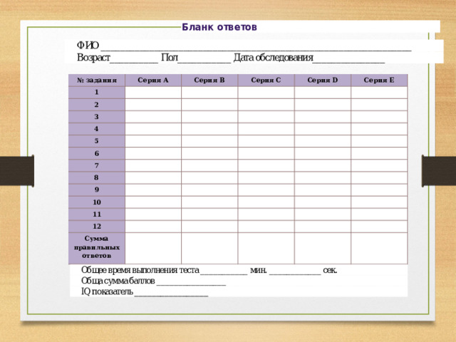 № задания Серия A 1   2 Серия B Серия C   3       4   Серия D   5   Серия E             6           7             8           9         10     11                 12     Сумма  правильных  ответов                                       