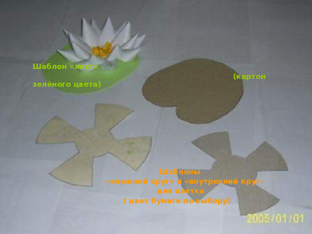  Шаблон «лист»  (картон зелёного цвета)          Шаблоны  «внешний круг» и «внутренний круг »  для цветка  ( цвет бумаги по выбору)  