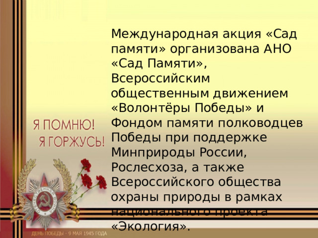 Международная акция «Сад памяти» организована АНО «Сад Памяти», Всероссийским общественным движением «Волонтёры Победы» и Фондом памяти полководцев Победы при поддержке Минприроды России, Рослесхоза, а также Всероссийского общества охраны природы в рамках национального проекта «Экология». 