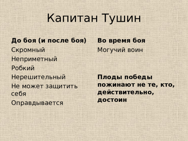 Капитан Тушин До боя (и после боя) Во время боя Скромный Неприметный Робкий Нерешительный Не может защитить себя Оправдывается   Могучий воин Плоды победы пожинают не те, кто, действительно, достоин  