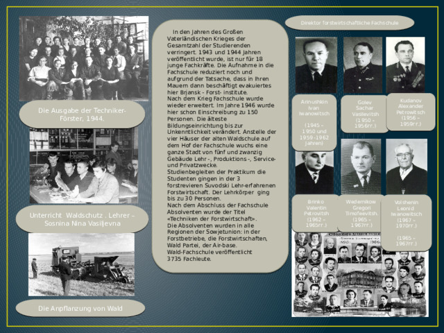 Direktor forstwirtschaftliche Fachschule  In den Jahren des Großen Vaterländischen Krieges der Gesamtzahl der Studierenden verringert. 1943 und 1944 Jahren veröffentlicht wurde, ist nur für 18 junge Fachkräfte. Die Aufnahme in die Fachschule reduziert noch und aufgrund der Tatsache, dass in Ihren Mauern dann beschäftigt evakuiertes hier Brjansk - Forst- institute.  Nach dem Krieg Fachschule wurde wieder erweitert. Im Jahre 1946 wurde hier schon Einschreibung zu 150 Personen. Die älteste Bildungseinrichtung bis zur Unkenntlichkeit verändert. Anstelle der vier Häuser der alten Waldschule auf dem Hof der Fachschule wuchs eine ganze Stadt von fünf und zwanzig Gebäude Lehr -, Produktions -, Service-und Privatzwecke.  Studienbegleiten der Praktikum die Studenten gingen in der 3 forstrevieren Suvodski Lehr-erfahrenen Forstwirtschaft. Der Lehrkörper ging bis zu 30 Personen.  Nach dem Abschluss der Fachschule Absolventen wurde der Titel «Techniken der Forstwirtschaft».  Die Absolventen wurden in alle Regionen der Sowjetunion: in der Forstbetriebe, die Forstwirtschaften, Wald Partei, der Air-base.  Wald-Fachschule veröffentlicht  3735 Fachleute. Kudanov Alexander Petrowitsch  (1956 – 1959гг.) Arinushkin Ivan  Iwanowitsch  (1945 – 1950 und 1959 -1962 Jahren) Golev  Sachar  Vasilevitsh  (1950 – 1956гг.) Die Ausgabe der Techniker-Förster, 1944 . Brinko  Valentin Petrovitsh  (1962 – 1965гг.) Wedernikow  Gregori Timofeevitsh.  (1965 – 1967гг.) Volshenin  Leonid  Iwanowitsch  (1967 –1970гг.)   (1965 – 1967гг.) Unterricht Waldschutz . Lehrer – Sosnina Nina Vasiljevna Die Anpflanzung von Wald  