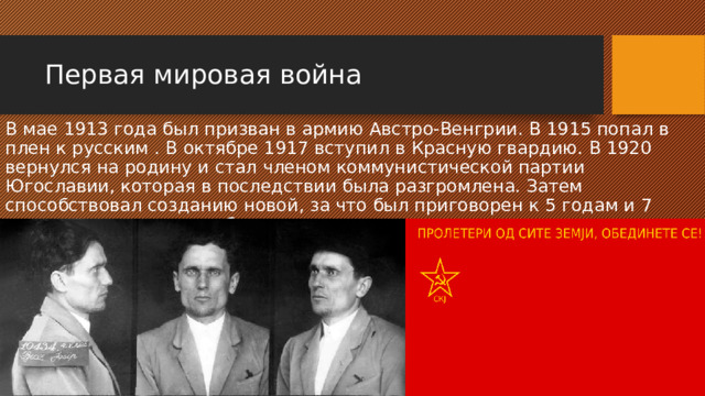 Первая мировая война В мае 1913 года был призван в армию Австро-Венгрии. В 1915 попал в плен к русским . В октябре 1917 вступил в Красную гвардию. В 1920 вернулся на родину и стал членом коммунистической партии Югославии, которая в последствии была разгромлена. Затем способствовал созданию новой, за что был приговорен к 5 годам и 7 месяцам каторжных работ. 