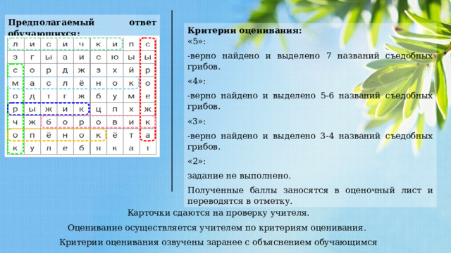 Предполагаемый ответ обучающихся: Критерии оценивания: «5»: -верно найдено и выделено 7 названий съедобных грибов. «4»: -верно найдено и выделено 5-6 названий съедобных грибов. «3»: -верно найдено и выделено 3-4 названий съедобных грибов. «2»: задание не выполнено. Полученные баллы заносятся в оценочный лист и переводятся в отметку. Карточки сдаются на проверку учителя. Оценивание осуществляется учителем по критериям оценивания. Критерии оценивания озвучены заранее с объяснением обучающимся 