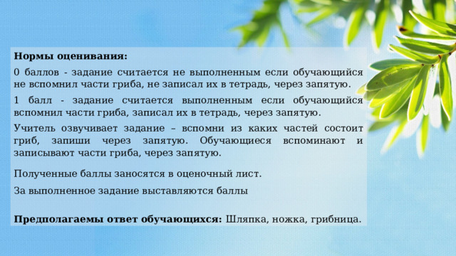 Нормы оценивания: 0 баллов - задание считается не выполненным если обучающийся не вспомнил части гриба, не записал их в тетрадь, через запятую. 1 балл - задание считается выполненным если обучающийся вспомнил части гриба, записал их в тетрадь, через запятую. Учитель озвучивает задание – вспомни из каких частей состоит гриб, запиши через запятую. Обучающиеся вспоминают и записывают части гриба, через запятую. Полученные баллы заносятся в оценочный лист. За выполненное задание выставляются баллы Предполагаемы ответ обучающихся: Шляпка, ножка, грибница. 