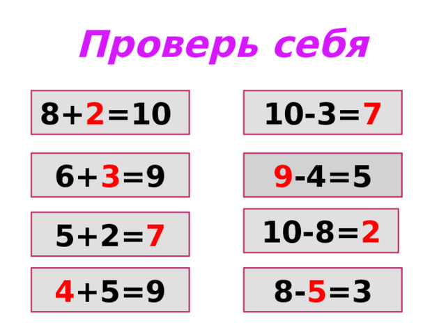 Проверь себя           8+ 2 =10  10-3= 7 6+ 3 =9 9 -4=5 10-8= 2 5+2= 7 4 +5=9 8- 5 =3 