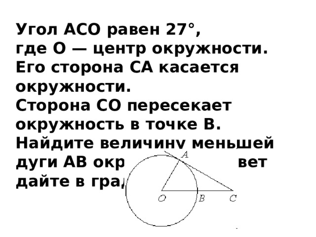 Угол ACO равен 27°, где O — центр окружности. Его сторона CA касается окружности. Сторона CO пересекает окружность в точке B. Найдите величину меньшей дуги AB окружности. Ответ дайте в градусах. 