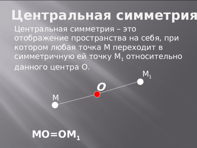 Центральная симметрия Центральная симметрия – это отображение пространства на себя, при котором любая точка М переходит в симметричную ей точку М 1 относительно данного центра О. M 1 O M MO=OM 1 