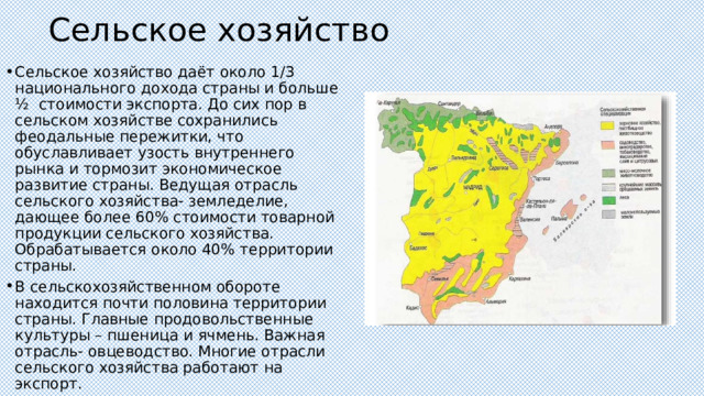 Сельское хозяйство Сельское хозяйство даёт около 1/3 национального дохода страны и больше ½ стоимости экспорта. До сих пор в сельском хозяйстве сохранились феодальные пережитки, что обуславливает узость внутреннего рынка и тормозит экономическое развитие страны. Ведущая отрасль сельского хозяйства- земледелие, дающее более 60% стоимости товарной продукции сельского хозяйства. Обрабатывается около 40% территории страны. В сельскохозяйственном обороте находится почти половина территории страны. Главные продовольственные культуры – пшеница и ячмень. Важная отрасль- овцеводство. Многие отрасли сельского хозяйства работают на экспорт. 