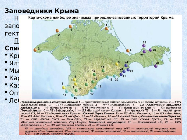 Заповедники Крыма    На территории полуострова Крым учреждено 7 заповедников, занимающих площадь 63783,5 гектаров.  Причина – богатая природа Крыма. Список заповедников Крыма : Крымский природный; Ялтинский горно-лесной; Мыс Мартьян; Карадагский; Казантипский; Опукский; Лебяжьи острова. 