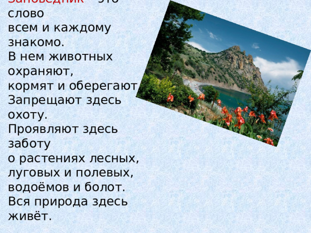 Заповедник – это слово всем и каждому знакомо. В нем животных охраняют, кормят и оберегают. Запрещают здесь охоту. Проявляют здесь заботу о растениях лесных, луговых и полевых, водоёмов и болот. Вся природа здесь живёт. 