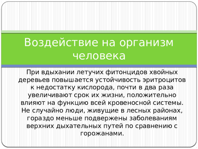 Воздействие на организм человека При вдыхании летучих фитонцидов хвойных деревьев повышается устойчивость эритроцитов к недостатку кислорода, почти в два раза увеличивают срок их жизни, положительно влияют на функцию всей кровеносной системы. Не случайно люди, живущие в лесных районах, гораздо меньше подвержены заболеваниям верхних дыхательных путей по сравнению с горожанами. 