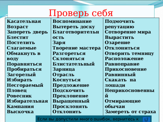 Проверь себя Касательная Возраст Воспоминание Подмочить репутацию Запереть дверь Вытереть доску Благотворительность Сотворение мира Блестит Постелить Вырастить Заря Слагаемые Творение мастера Озарение Разгореться Отклониться Обмакнуть в воду Склоняться Отворить темницу Поравняться Расположение Блистательный Пробираться Загорелый Равноправие Зарница Прикосновение Отрасль Избирать Равнинный Несгораемый Коснуться Скакать на лошади Предложение Пловец Ровесник Неприкосновенный Подскочить Избирательная Преклонение Отмирающие обычаи Кампания Выращенный Замереть от страха Выскочка Просклонять Плавучий завод Отклонить Скаковая лошадь Наклоненный Если вы допустили много ошибок, вернитесь к правилам 