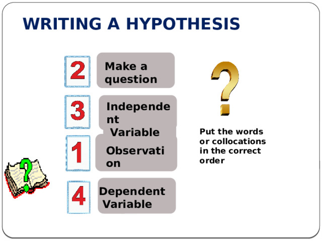 WRITING A HYPOTHESIS Make a question Independent  Variable Put the words or collocations in the correct order Observation Dependent  Variable 