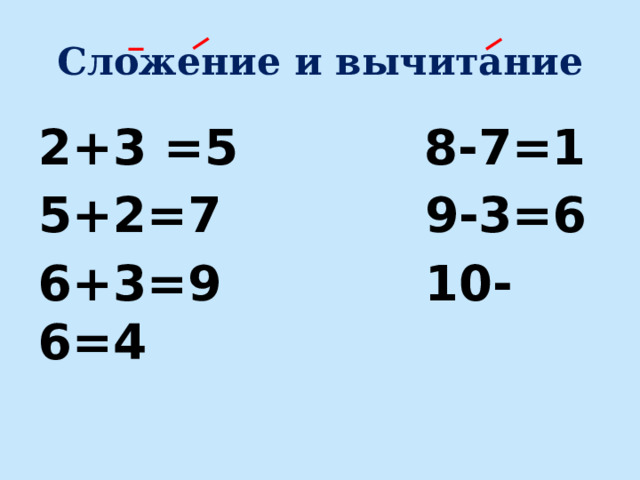 Сложение и вычитание 2+3 =5  8-7=1 5+2=7 9-3=6 6+3=9 10-6=4 
