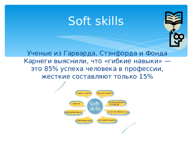 Soft skills Ученые из Гарварда, Стэнфорда и Фонда Карнеги выяснили, что «гибкие навыки» — это 85% успеха человека в профессии, жесткие составляют только 15% 