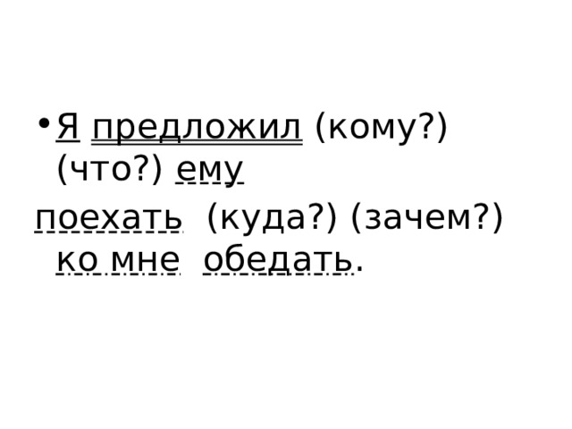 Я  предложил (кому?) (что?) ему поехать (куда?) (зачем?) ко мне  обедать . 