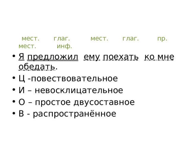  мест. глаг. мест. глаг. пр. мест. инф. Я  предложил  ему  поехать  ко мне  обедать . Ц -повествовательное И – невосклицательное О – простое двусоставное В - распространённое 