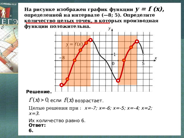 На рисунке изображен график функции y = f (x) , определенной на интервале (—8; 5). Определите количество целых точек, в которых производная функции положительна. Решение. , если возрастает. Целые решения при : х=-7; х=-6; х=-5; х=-4; х=2; х=3. Их количество равно 6. Ответ: 6. 