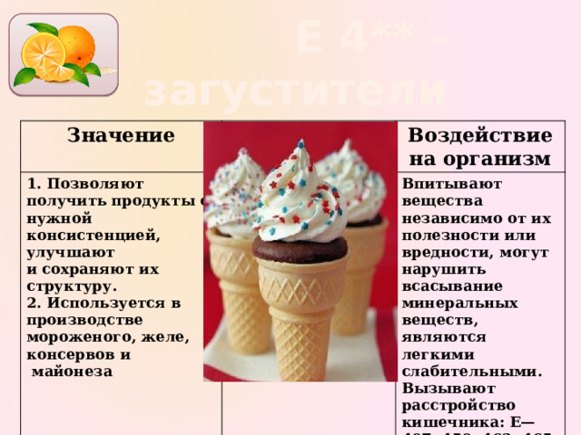  Е 4** - загустители Значение 1. Позволяют получить продукты с нужной консистенцией, улучшают Воздействие на организм и сохраняют их структуру. 2. Используется в производстве мороженого, желе, консервов и Впитывают вещества независимо от их полезности или вредности, могут нарушить всасывание минеральных веществ, являются легкими слабительными.  майонеза Вызывают расстройство кишечника: Е—407, 450, 462, 465, 466 