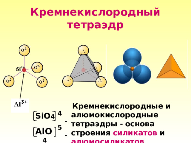 Кремнекислородный тетраэдр    Кремнекислородные и алюмокислородные тетраэдры -  основа строения силикатов и алюмосиликатов  4- SiO 4 5 - AlO 4 