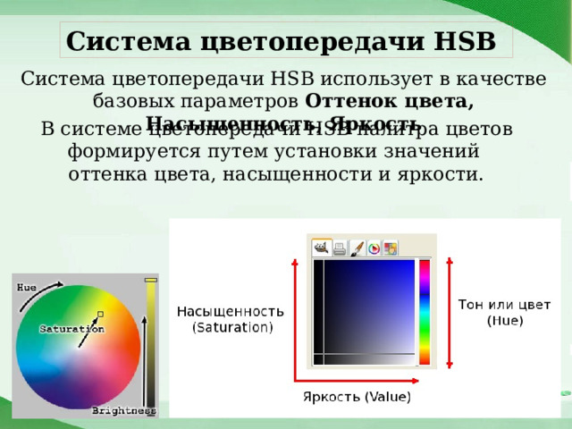 Система цветопередачи HSB Система цветопередачи HSB использует в качестве базовых параметров Оттенок цвета, Насыщенность, Яркость В системе цветопередачи HSB палитра цветов формируется путем установки значений оттенка цвета, насыщенности и яркости. 