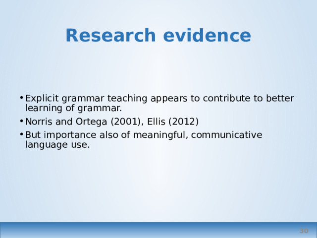Research evidence Explicit grammar teaching appears to contribute to better learning of grammar. Norris and Ortega (2001), Ellis (2012) But importance also of meaningful, communicative language use.   