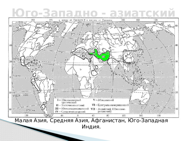 Юго-Западно - азиатский   Малая Азия, Средняя Азия, Афганистан, Юго-Западная Индия. 