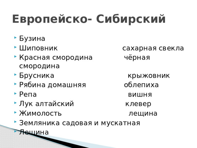 Европейско- Сибирский Бузина Шиповник сахарная свекла Красная смородина чёрная смородина Брусника крыжовник Рябина домашняя облепиха Репа вишня Лук алтайский клевер Жимолость лещина Земляника садовая и мускатная Лещина 
