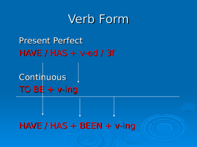 Verb Form  Present Perfect  HAVE / HAS + v-ed / 3f      Continuous     TO BE + v-ing  HAVE / HAS + BEEN + v-ing  